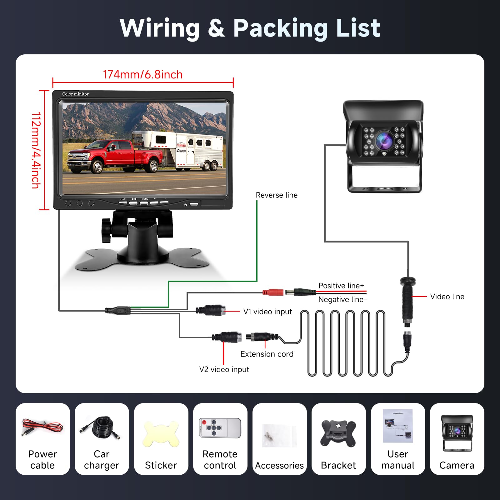 podofo-car-reversing-aid-kit-cam-ra-recul-filaire-7-pouces-camion image 2