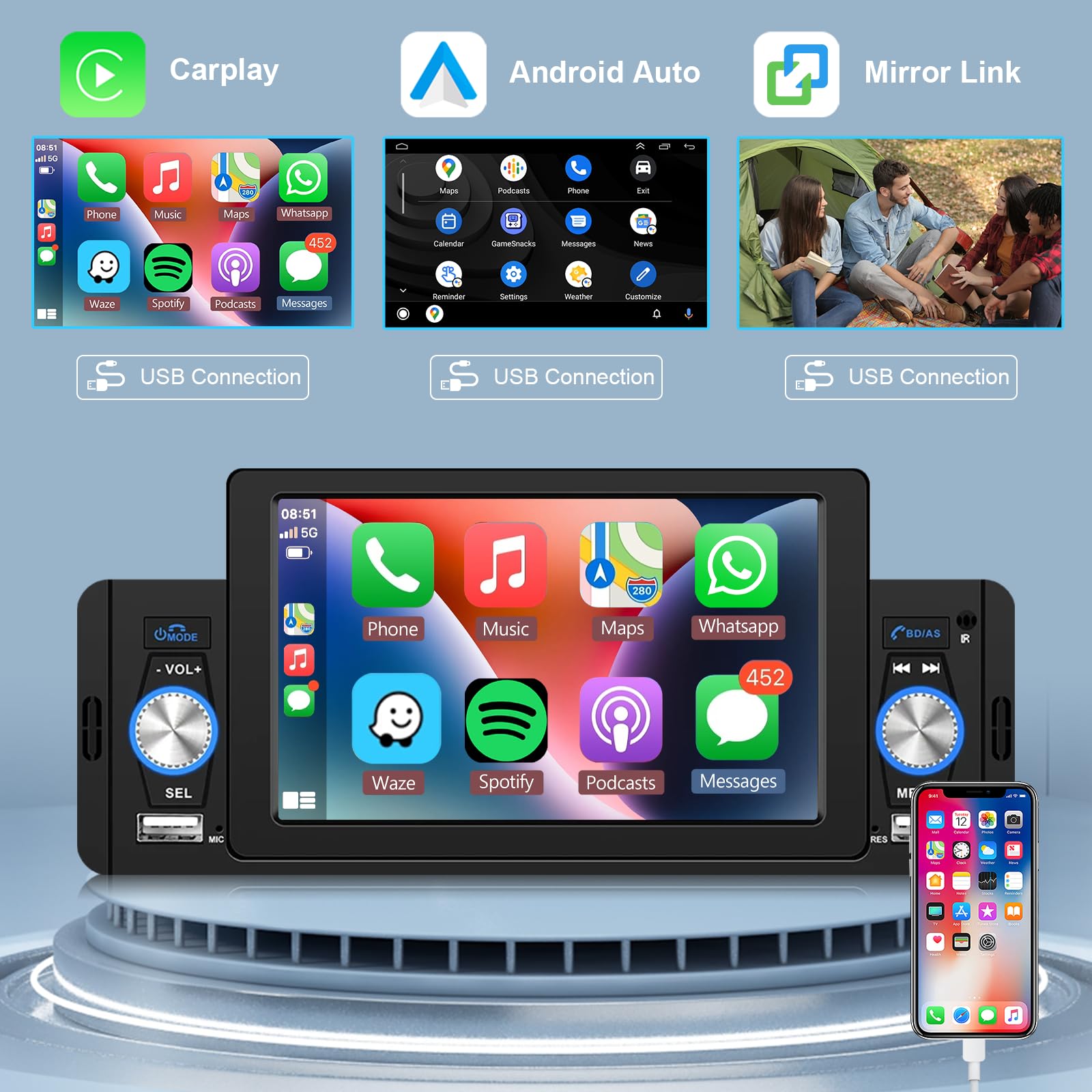 podofo-android-car-radio-autoradio-1-din-5-carplay image 2