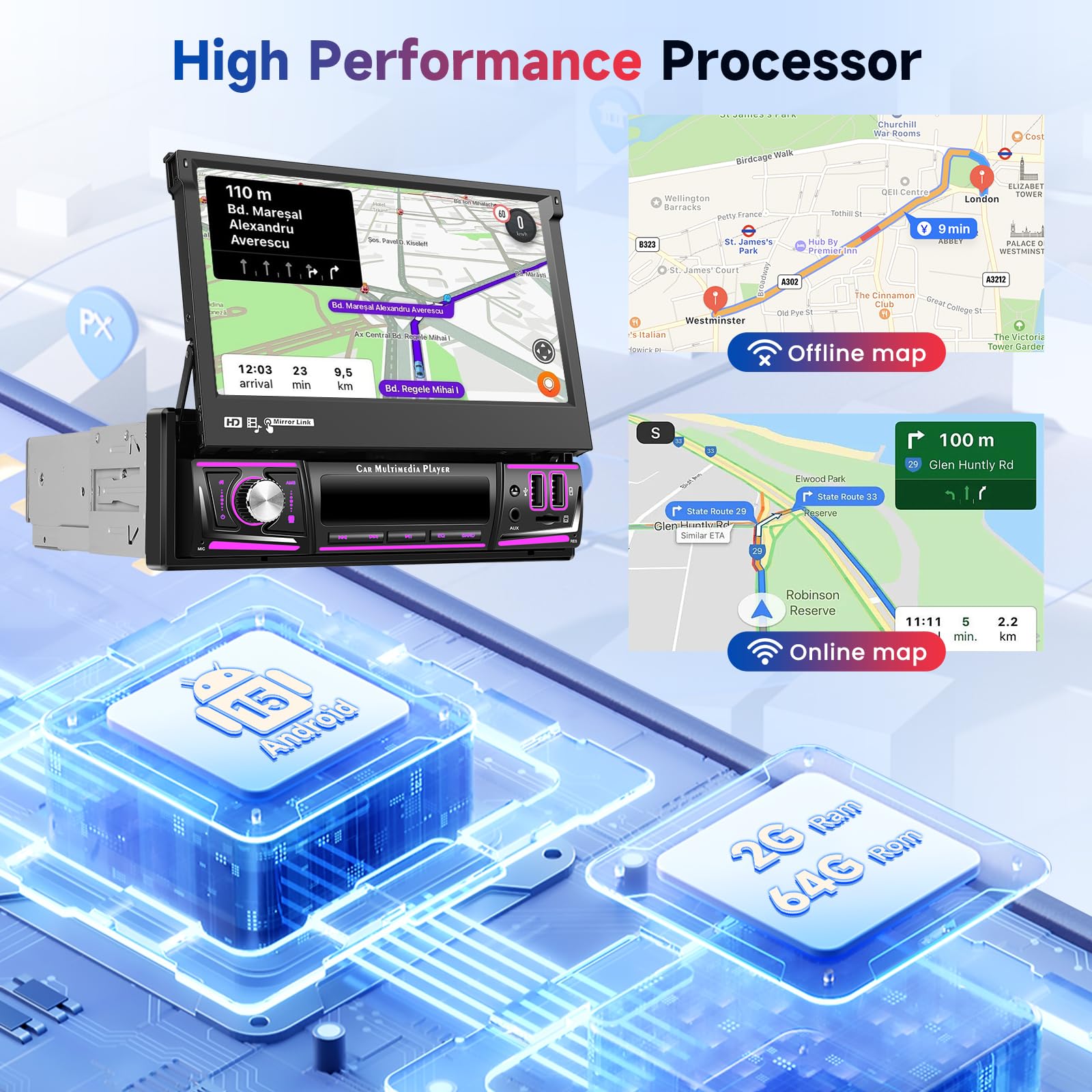 vechtel-autoradio-1-din-cran-7-pouces-android-15-2-64g-carplay image 2