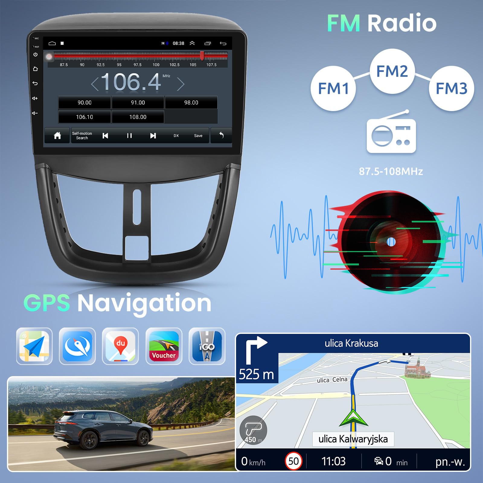 podofo-android-car-radio-peugeot-207-9-autoradio-1-32g-mirror image 5