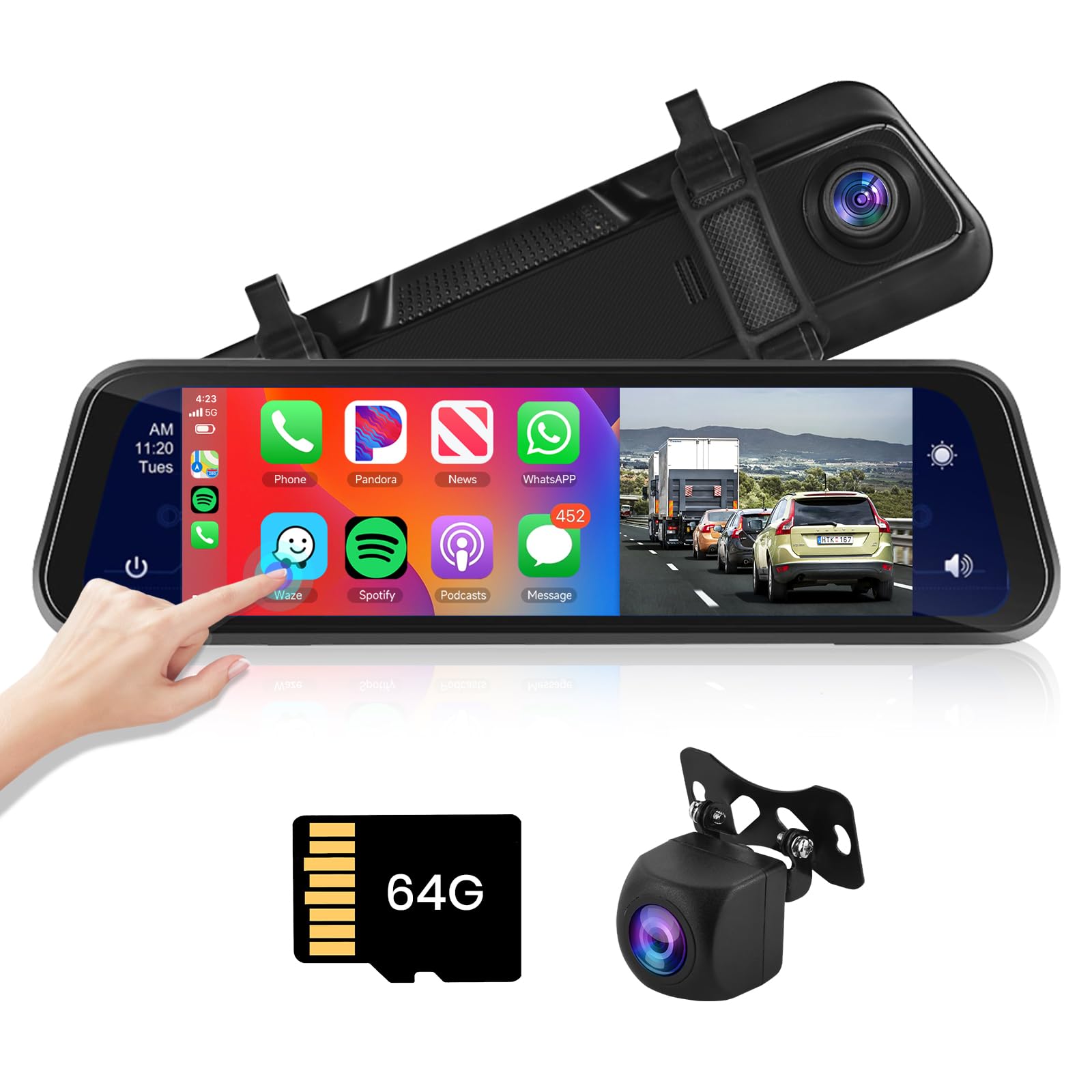 podofo-car-dvr-dash-cam-9-66-r-troviseur-carplay-dashcam-1080p image 1