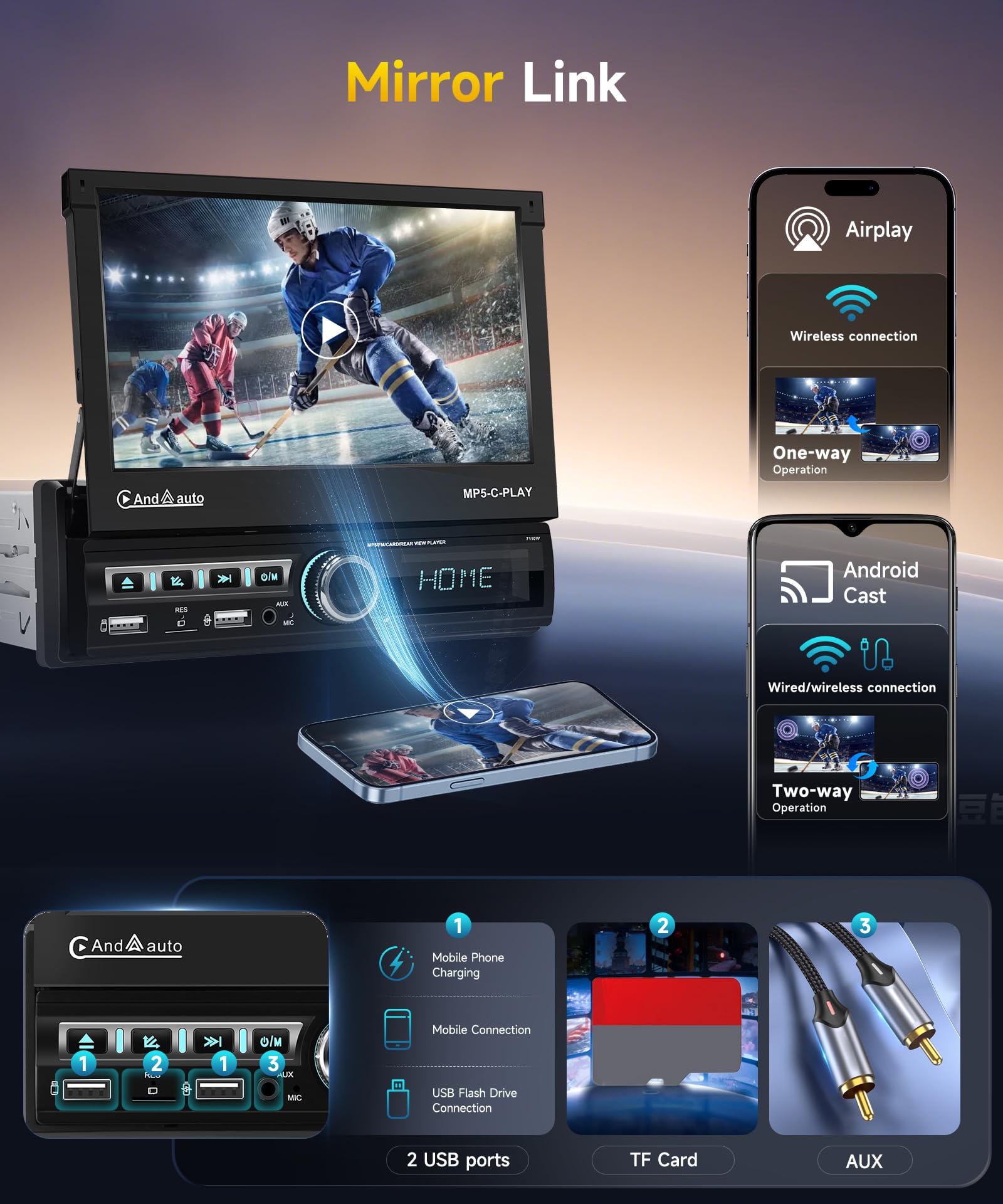 vechtel-autoradio-1-din-7-pouces-carplay-autoradio-cran-r-tractable image 3
