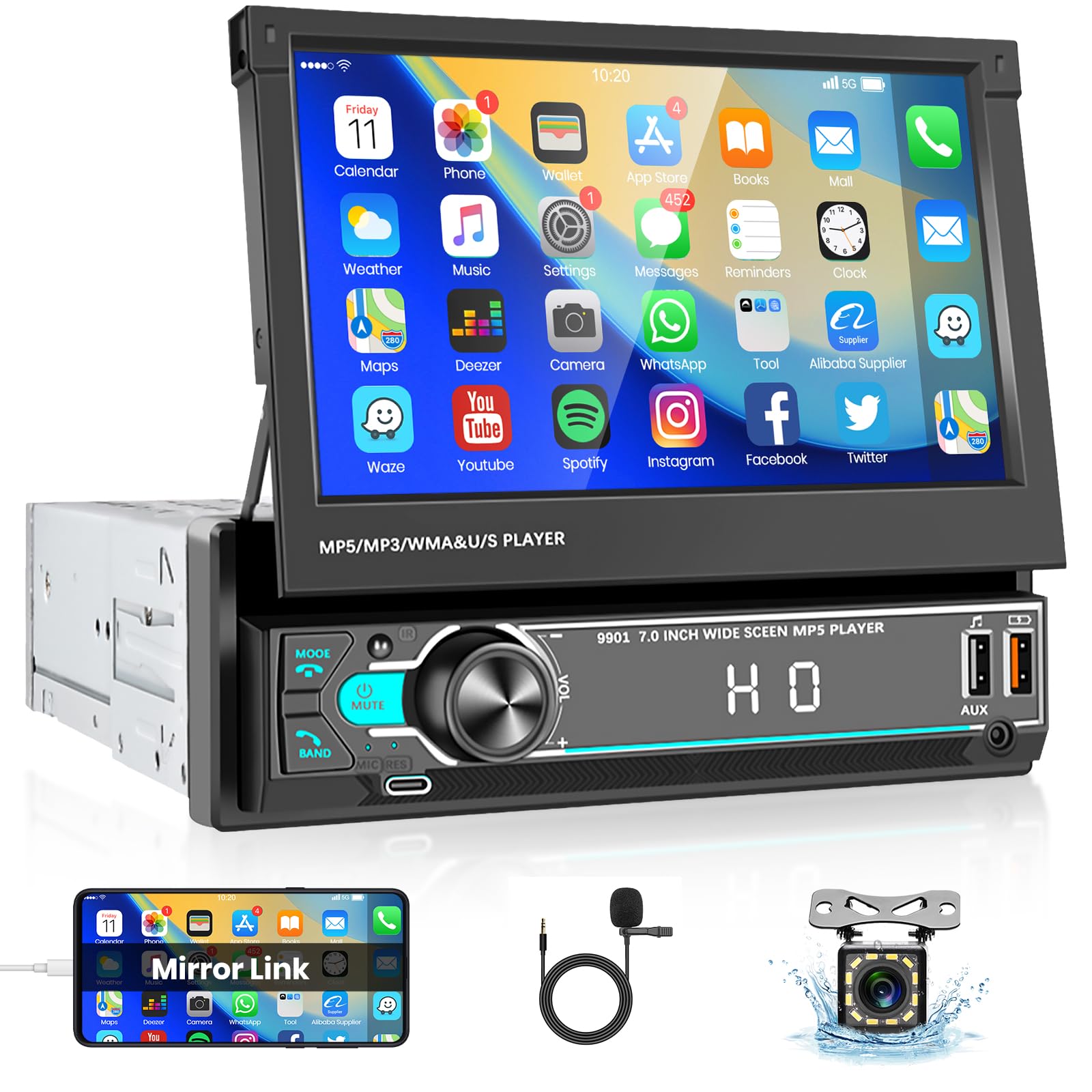 vechtel-autoradio-1-din-7-pouces-rabattable-bluetooth-mirrorlink image 1