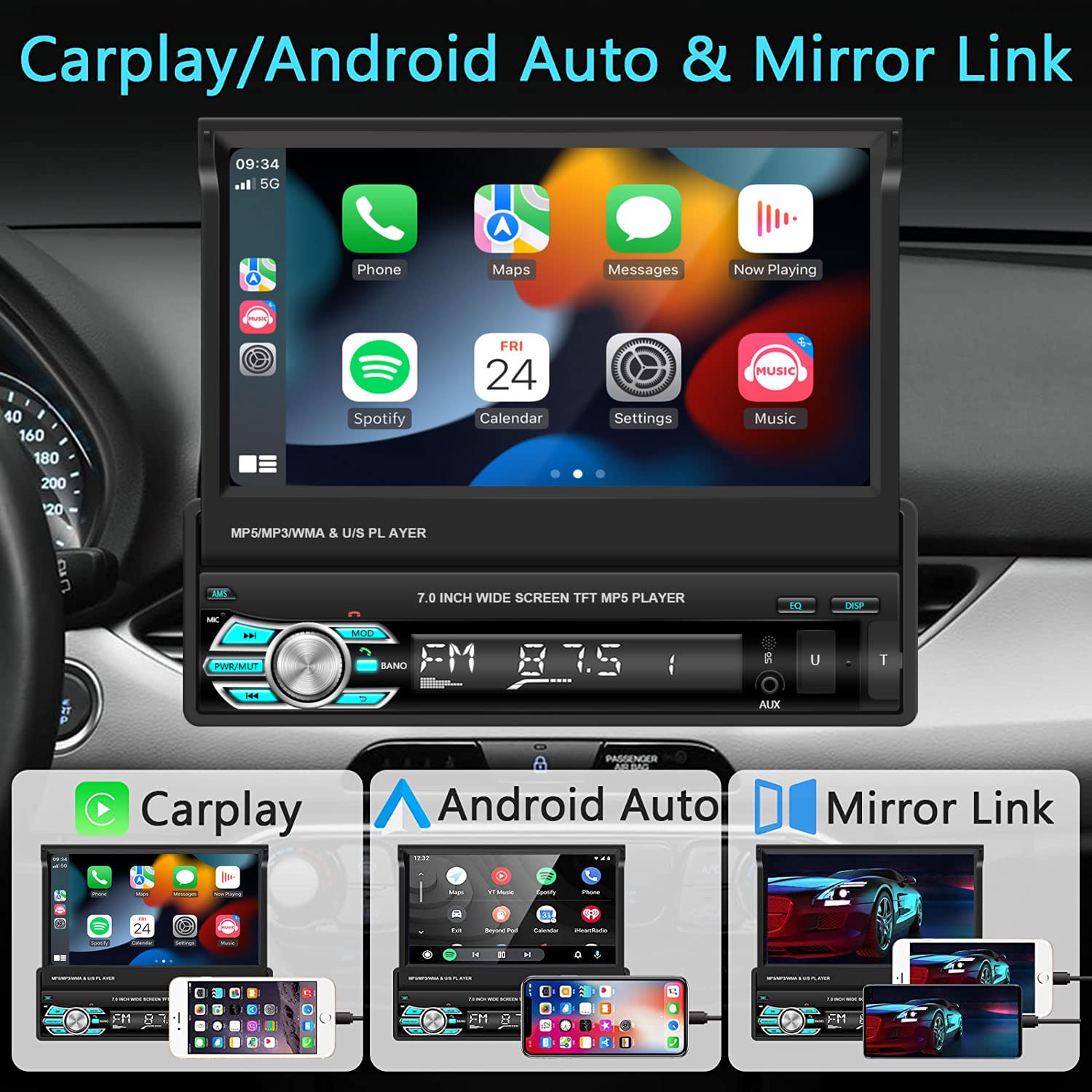 podofo-autoradio-1-din-cran-7-pouces-carplay-android-auto image 2