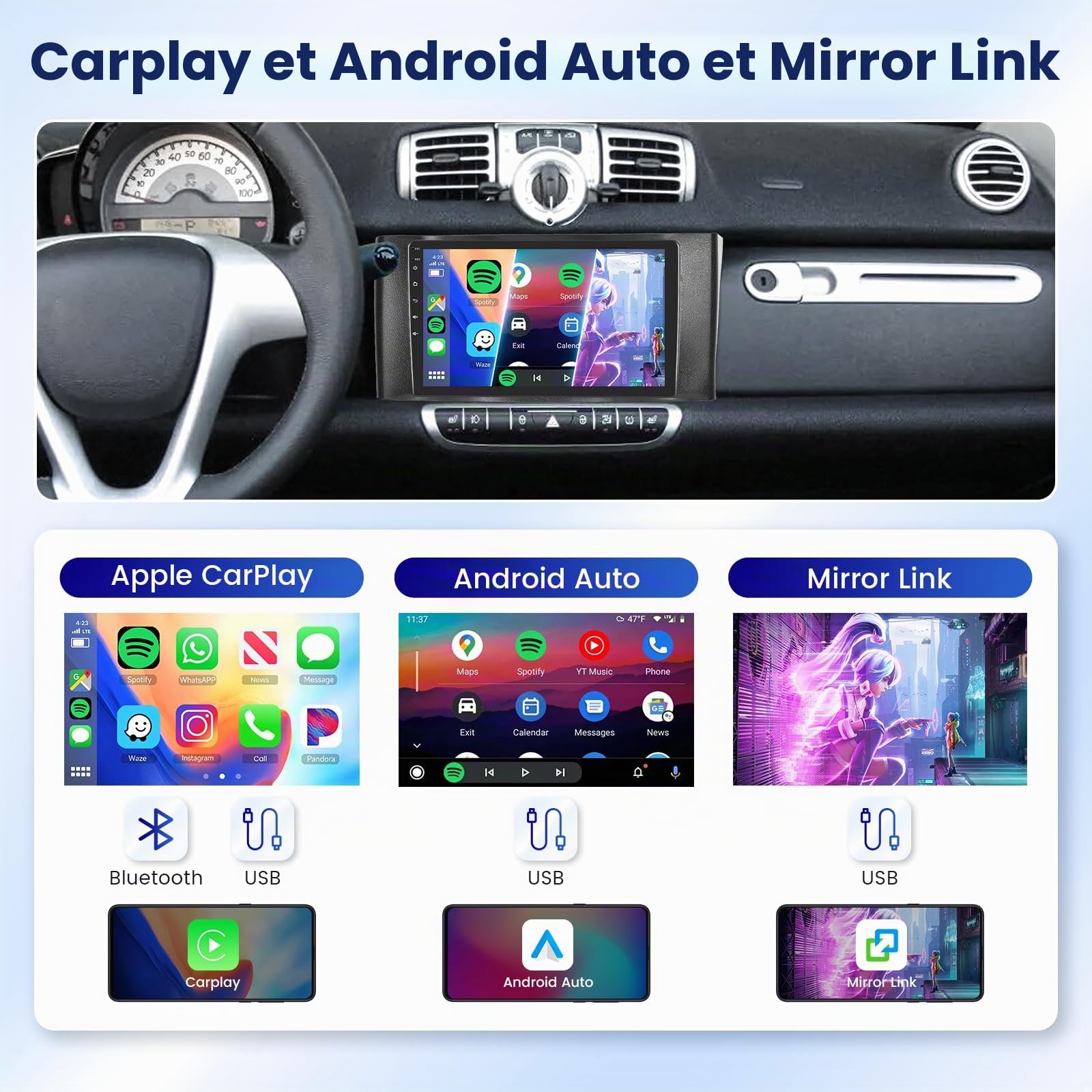 podofo-android-car-radio-9-pouces-smart-fortwo-2-64gb image 3