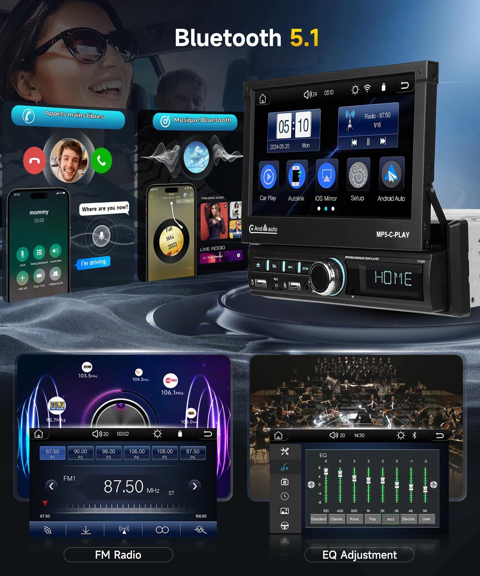 vechtel-autoradio-1-din-7-pouces-carplay-autoradio-cran-r-tractable image 6