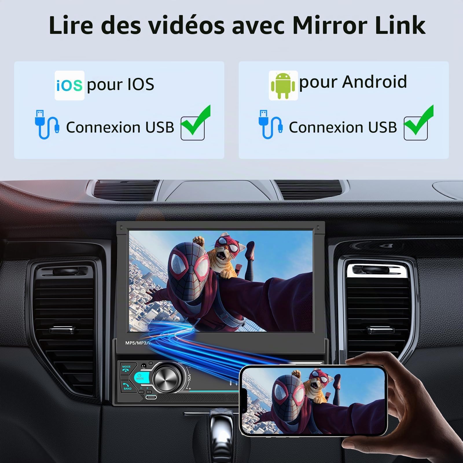 vechtel-autoradio-1-din-7-pouces-rabattable-bluetooth-mirrorlink image 5