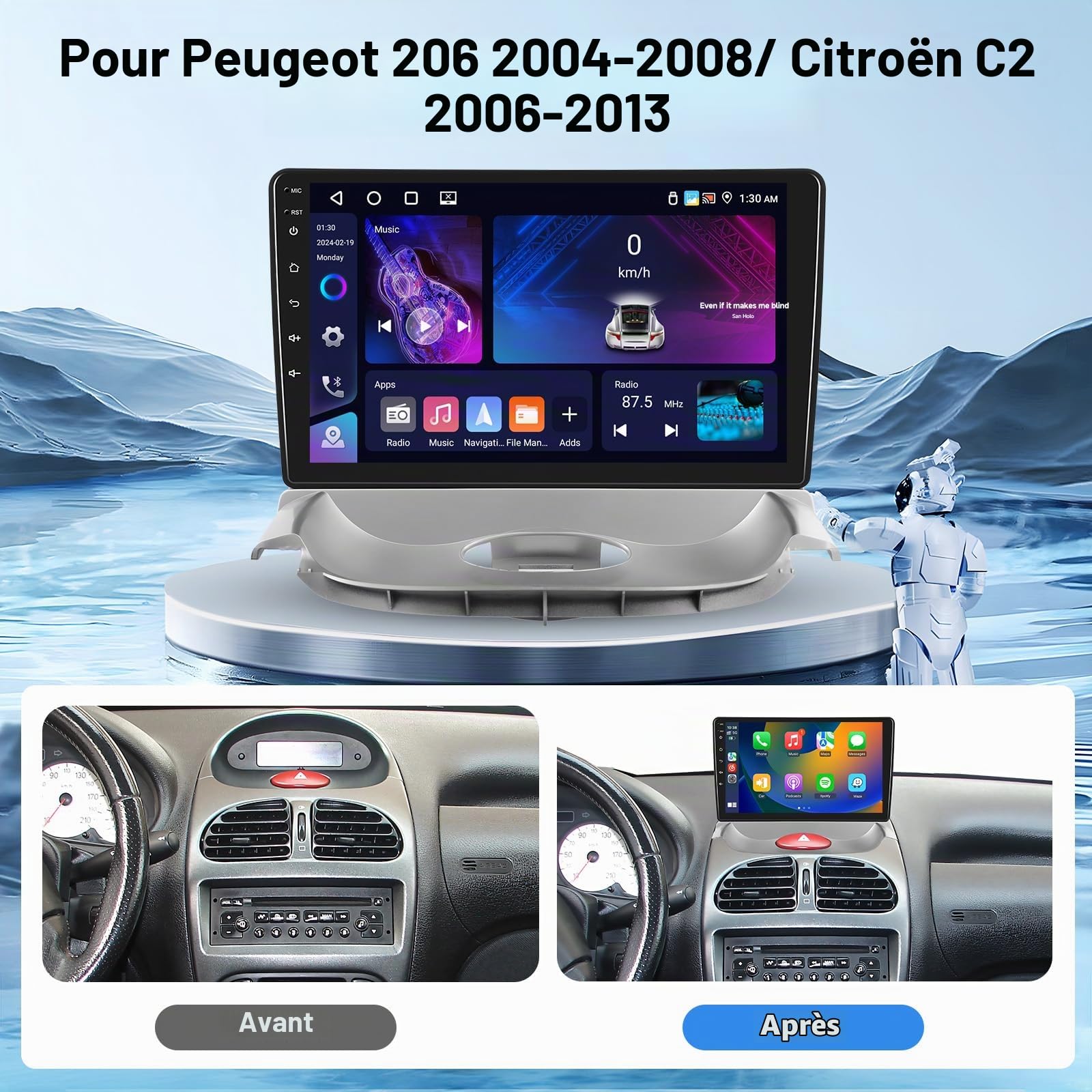 podofo-android-car-radio-autoradio-9-pouces-4-64-go-peugeot-206-c2 image 2