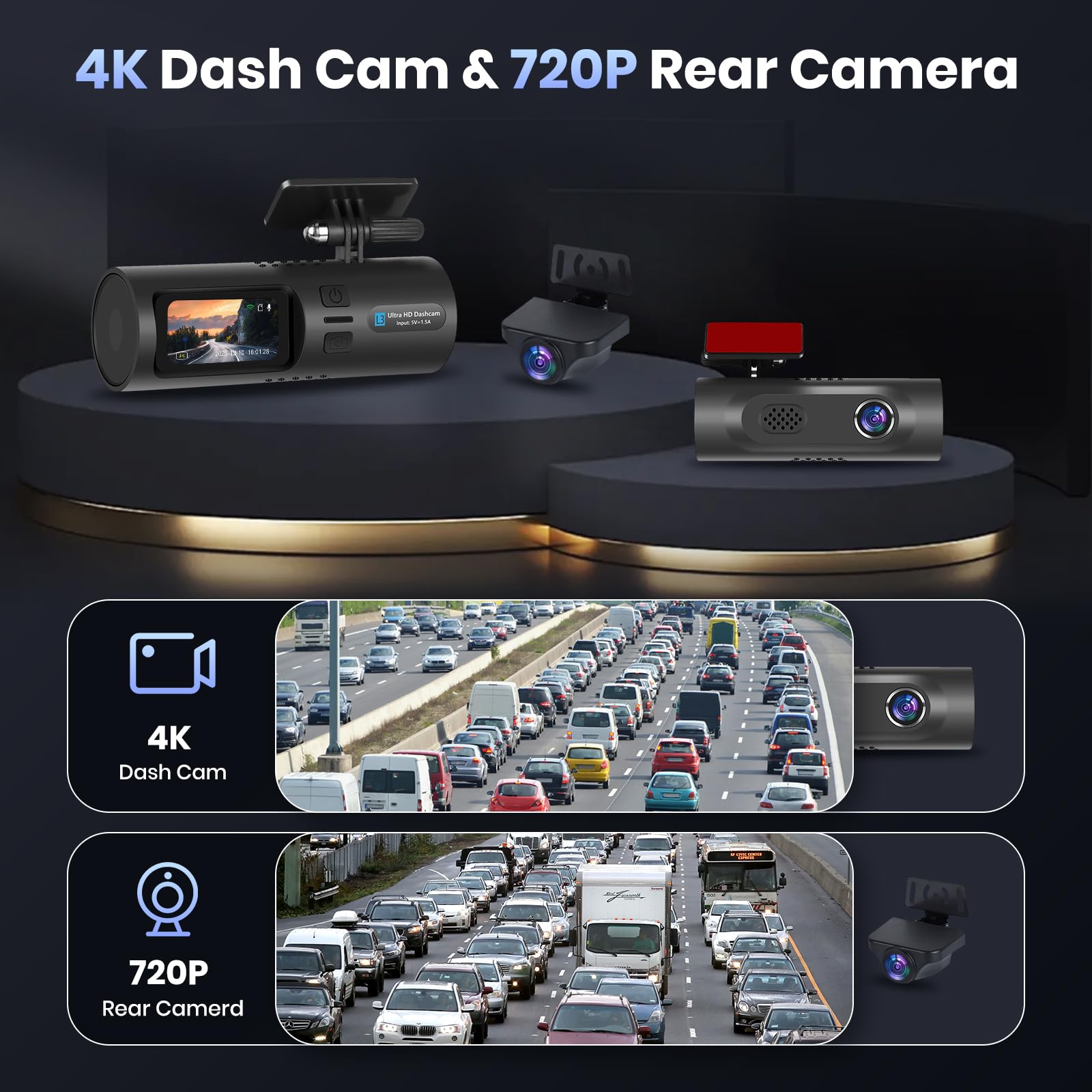 podofo-car-dvr-dash-cam-4k-cam-ra-voiture-avant-arri-re-64g image 2