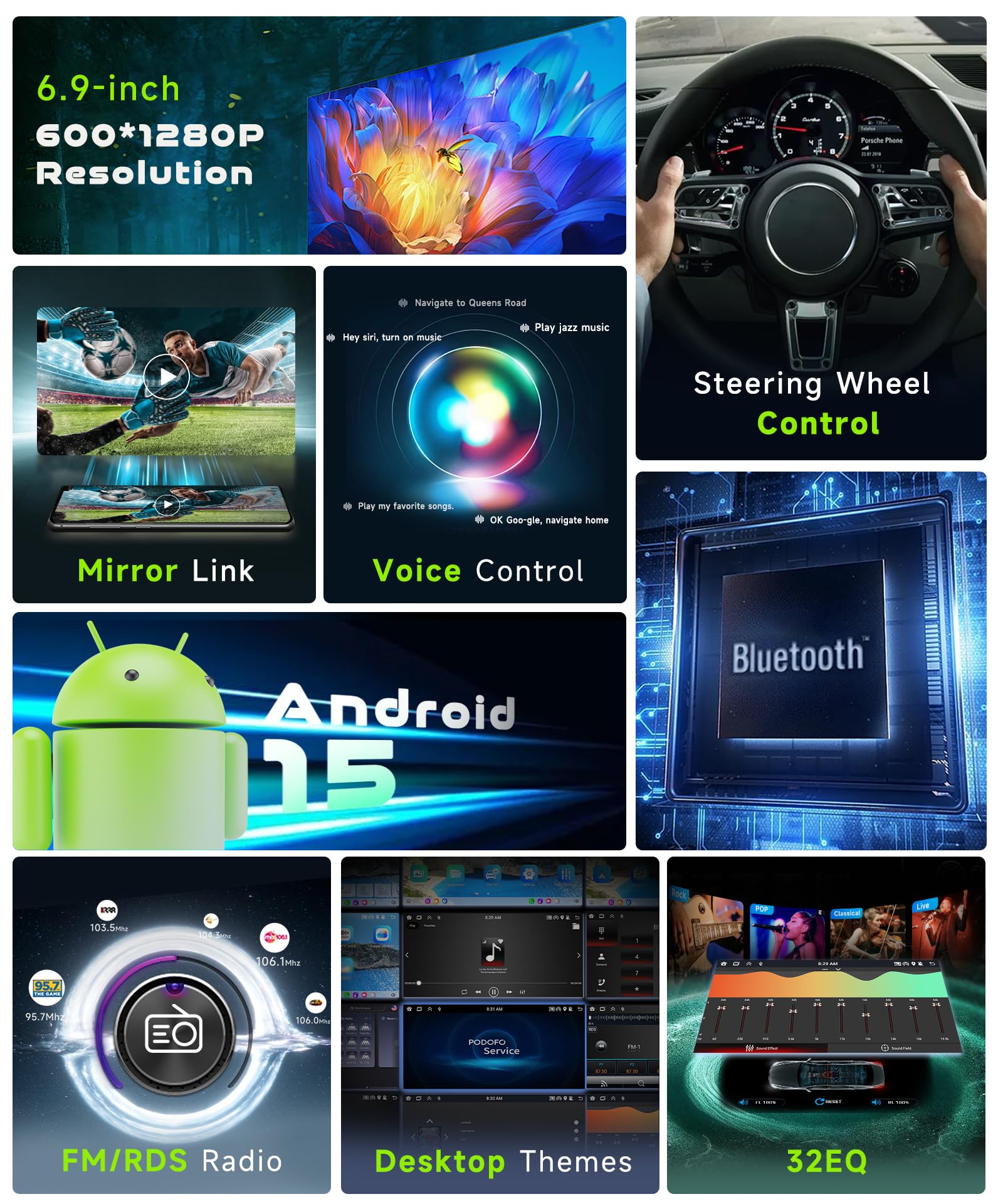vechtel-autoradio-1-din-6-9-pouces-android-15-2g-64g-carplay-sans-fil image 4