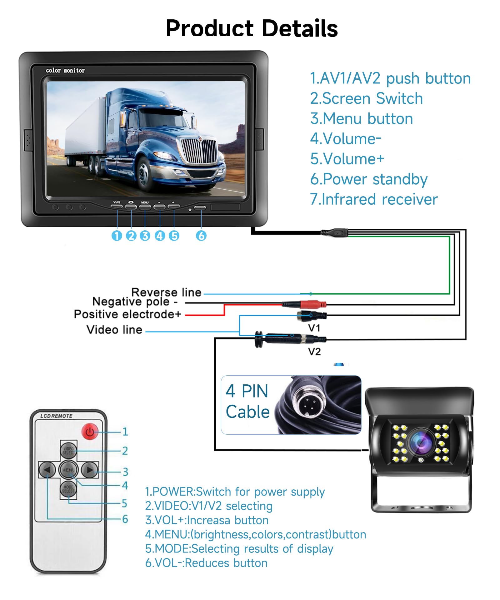 podofo-kit-cam-ra-de-recul-filaire-7-pouces-c-ble-10m-ip69 image 6