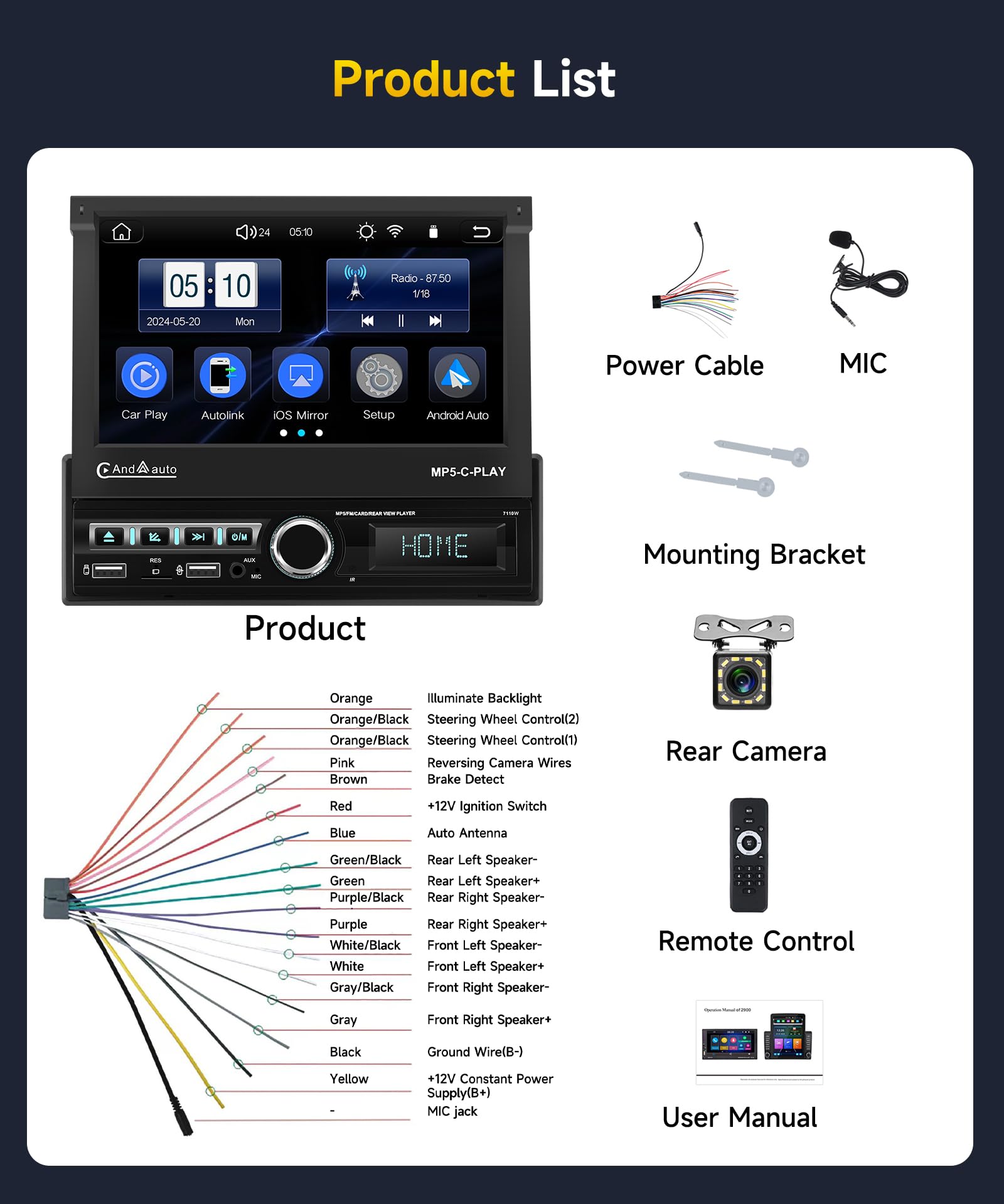 vechtel-autoradio-1-din-7-pouces-carplay-autoradio-cran-r-tractable image 7