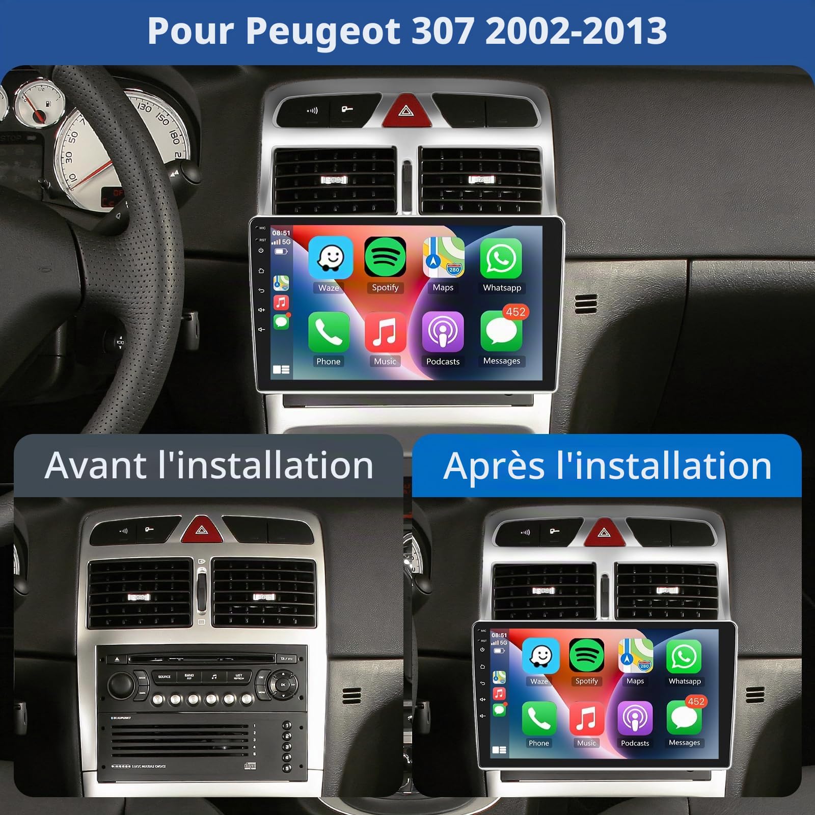podofo-android-car-radio-autoradio-9-peugeot-307-2-64go-cam-ra image 2