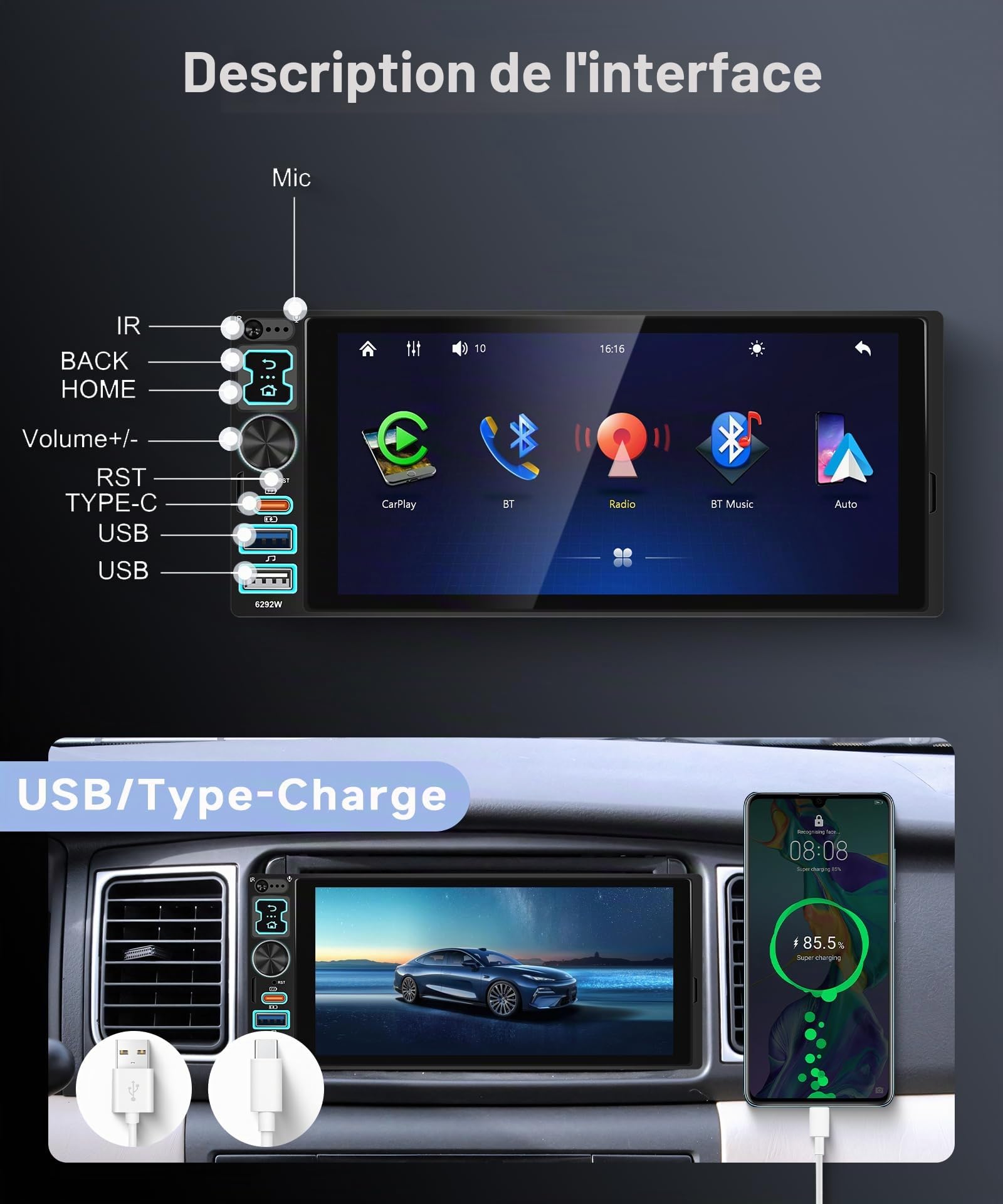vechtel-autoradio-1-din-6-8-pouces-tactile-carplay-sans-fil-cam-ra image 6